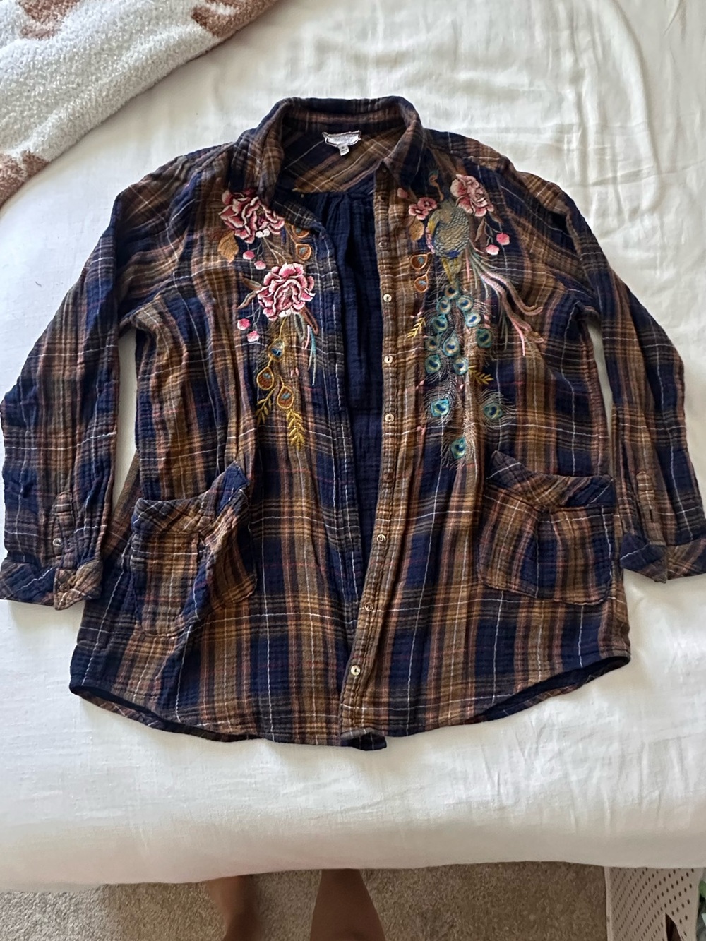 EUC Johnny Was Embroidered Plaid Button-Up Shirt - Navy & Brown